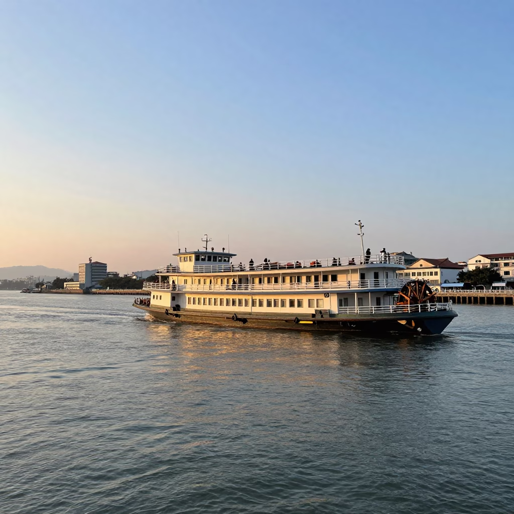Kaohsiung River Evening Scene with Paddlewheel Steamboat and Water Ripples in in Kaohsiung, Taiwan