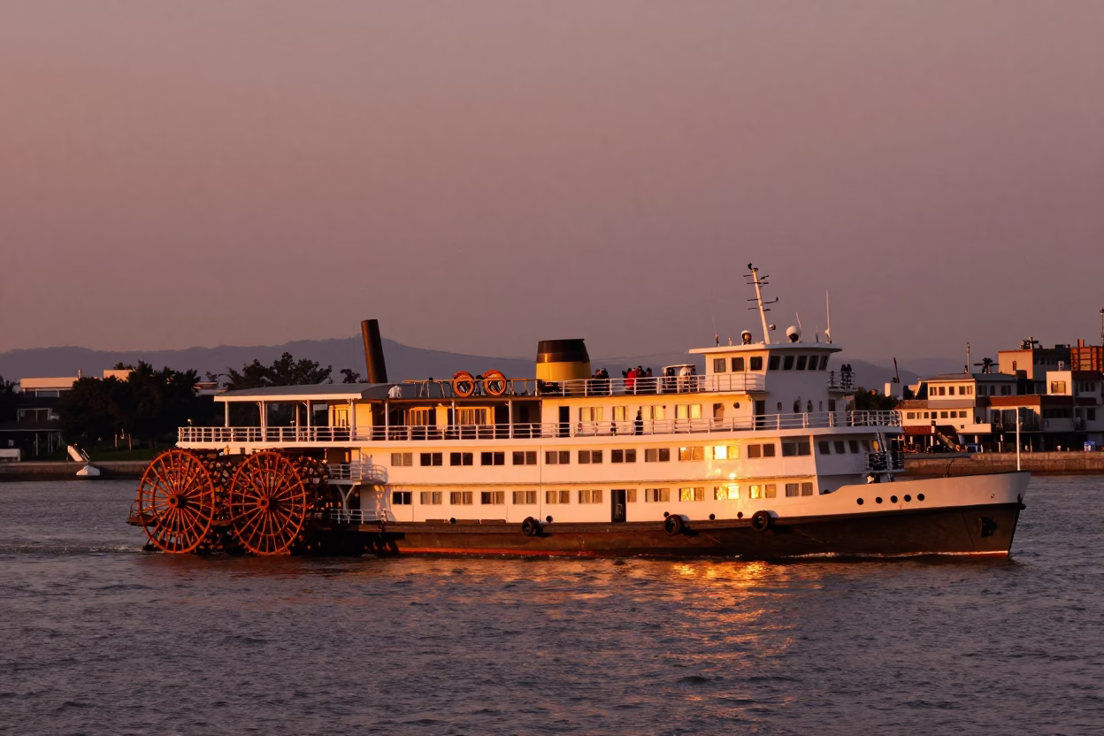 Kaohsiung Riverfront Paddlewheel Steamboat in Copper Dusk Light in in Kaohsiung, Taiwan