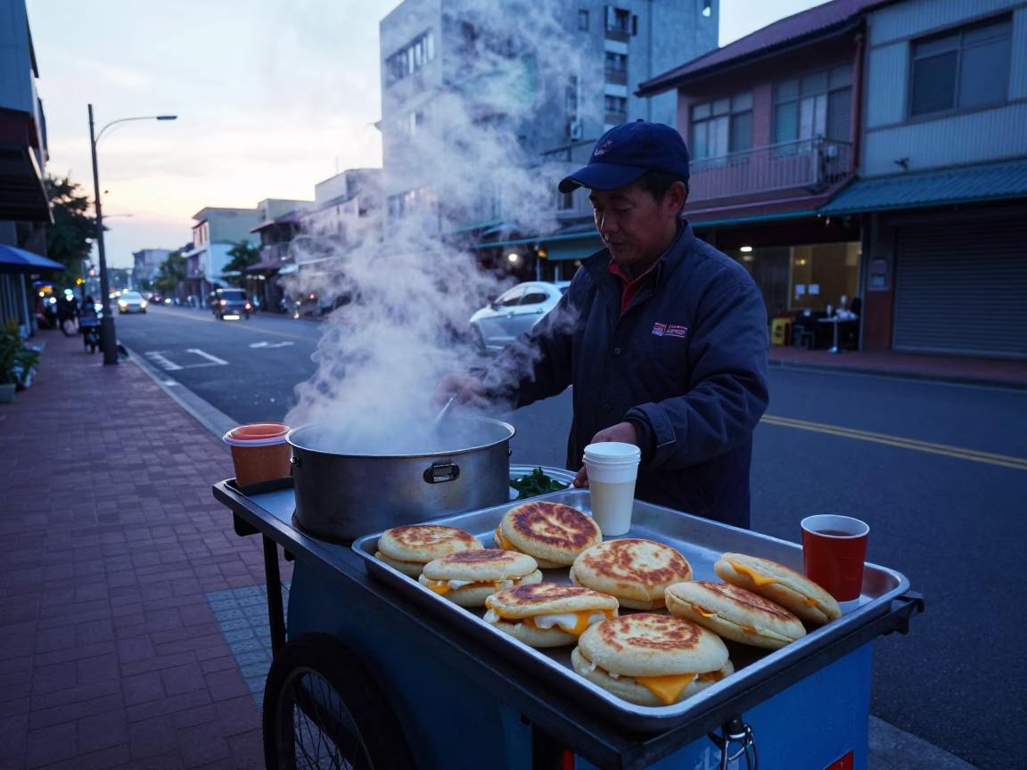 Kaohsiung Street Breakfast Before Dawn with Arepas and Tea Stains in in Kaohsiung, Taiwan
