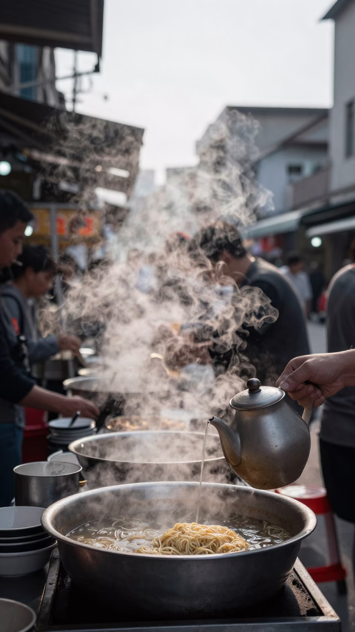 Kaohsiung street breakfast scene with ceramic pitcher and steam at first light in in Kaohsiung, Taiwan