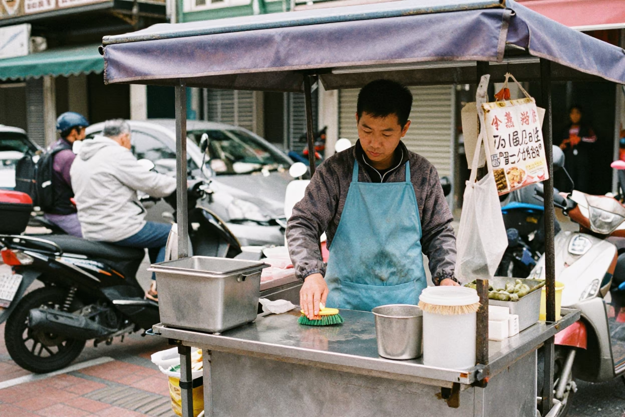 Kaohsiung street corner vendor preparing food under overcast midday sky in in Kaohsiung, Taiwan
