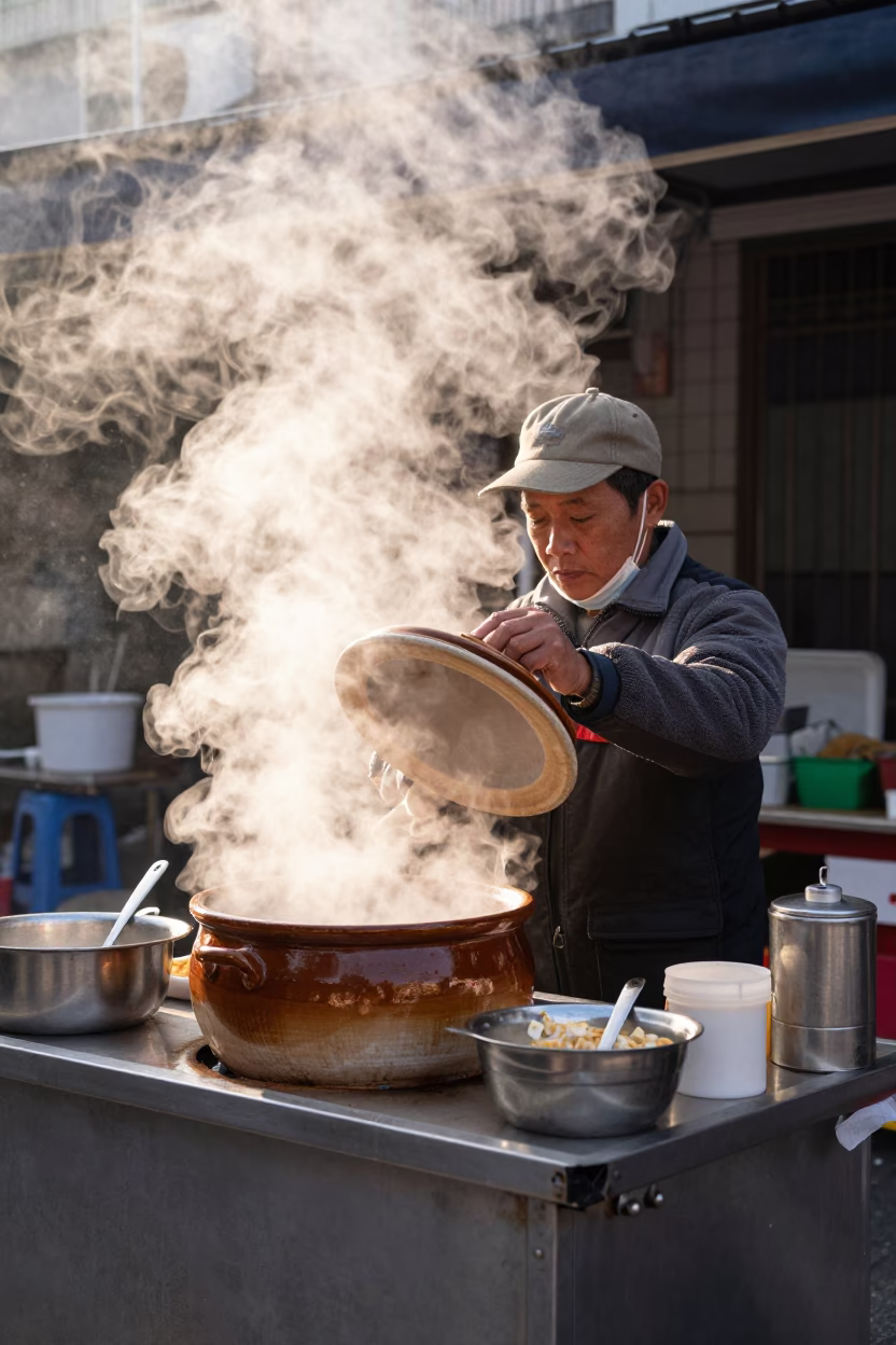 Kaohsiung street food vendor early morning steam and ceramic bowls in Taiwan in in Kaohsiung, Taiwan