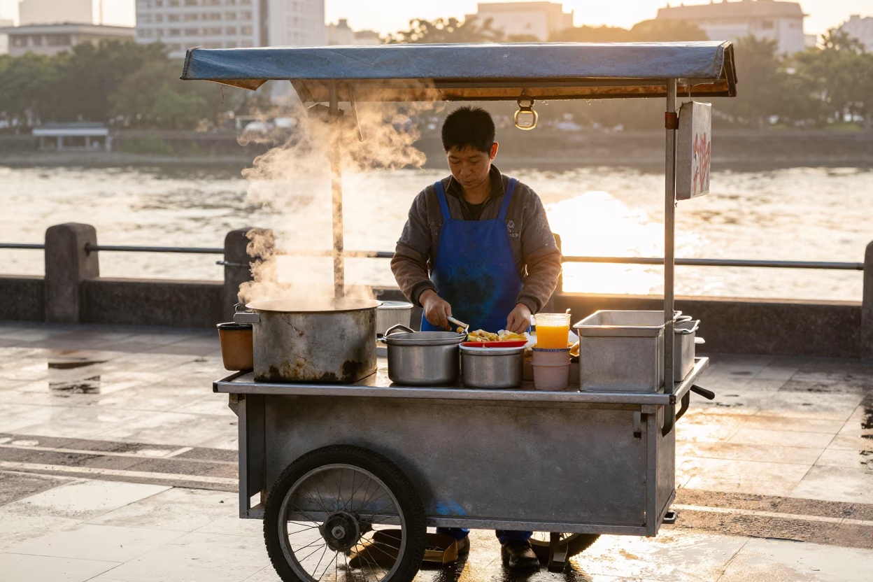 Kaohsiung street food vendor preparing breakfast near Love River at sunrise in in Kaohsiung, Taiwan