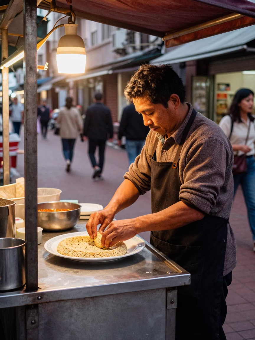 Kaohsiung Street Food Vendor Preparing Kibbeh in Copper Dusk Light in in Kaohsiung, Taiwan