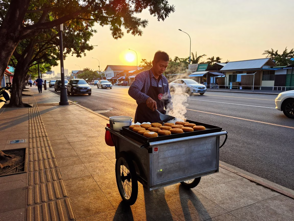 Kaohsiung street food vendor preparing Lebanese kibbeh with pine nuts at golden hour in in Kaohsiung, Taiwan