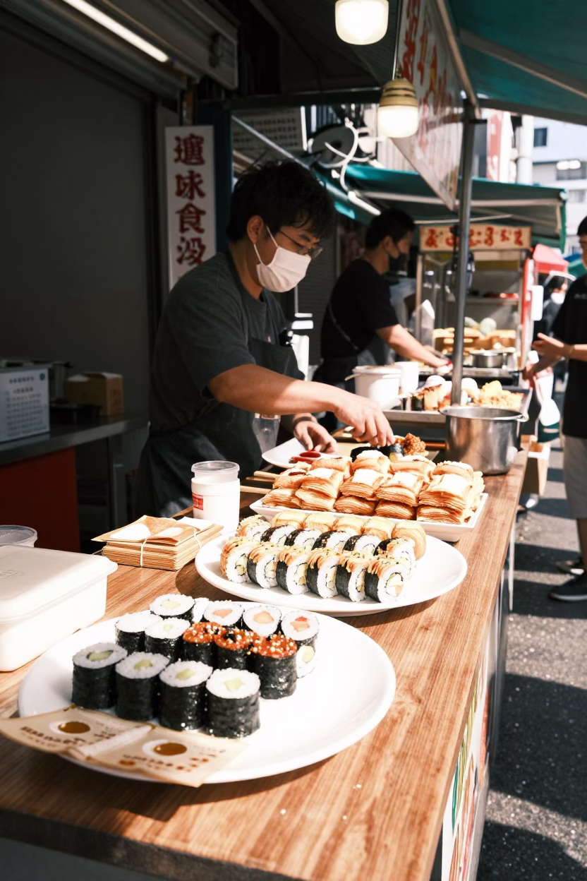 Kaohsiung Street Food Vendor Selling Sushi and Mille-Feuille in Bright Midmorning Light in in Kaohsiung, Taiwan