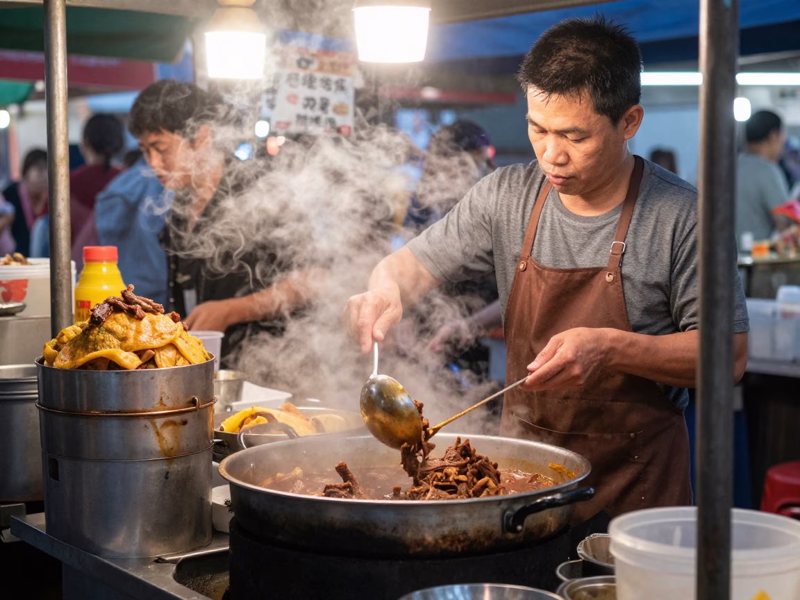 Kaohsiung street food vendor serving beef rendang and steamed rice under copper dusk light in in Kaohsiung, Taiwan