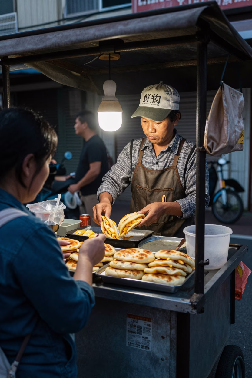 Kaohsiung Street Food Vendor Serving Hot Arepas with Cheese in Early Evening Light in in Kaohsiung, Taiwan