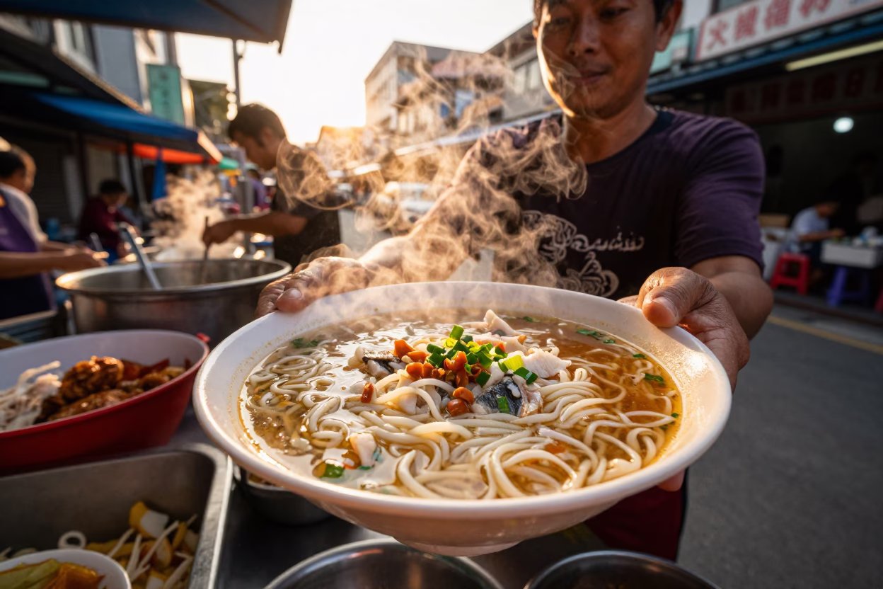 Kaohsiung street food vendor serving mohinga noodle soup in honeyed evening light in in Kaohsiung, Taiwan