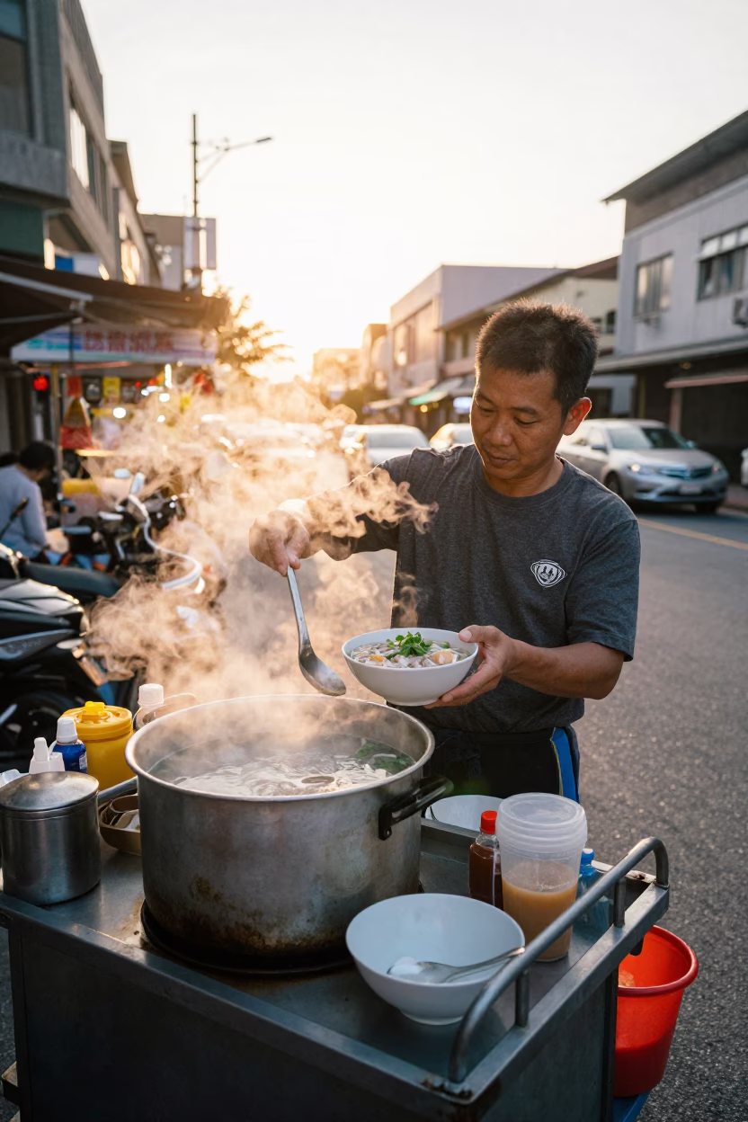Kaohsiung street food vendor serving pho tai with fresh herbs at sunrise in in Kaohsiung, Taiwan