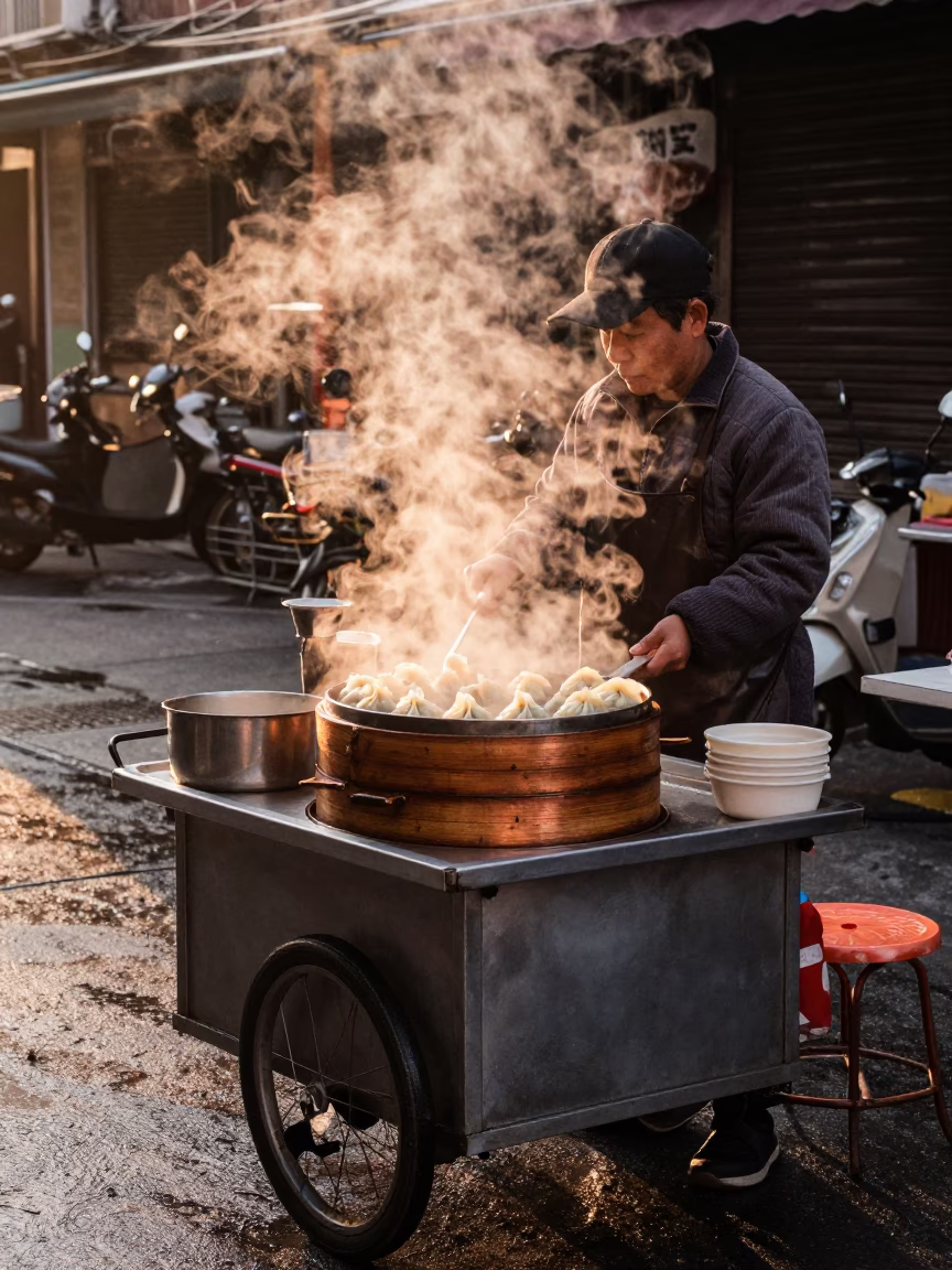 Kaohsiung street food vendor serving steaming dumplings in copper dusk light in in Kaohsiung, Taiwan