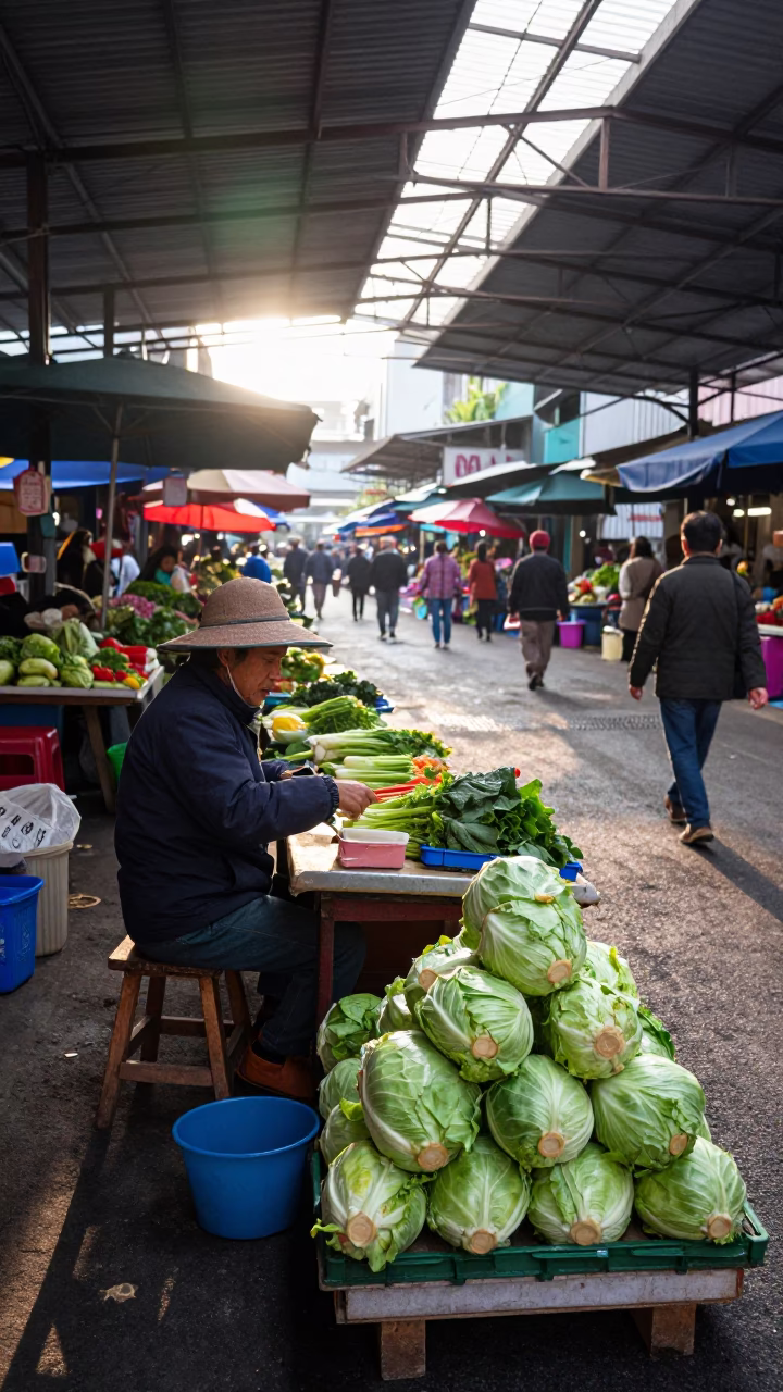 Kaohsiung Street Market Morning Light with Stool and Vegetables in in Kaohsiung, Taiwan