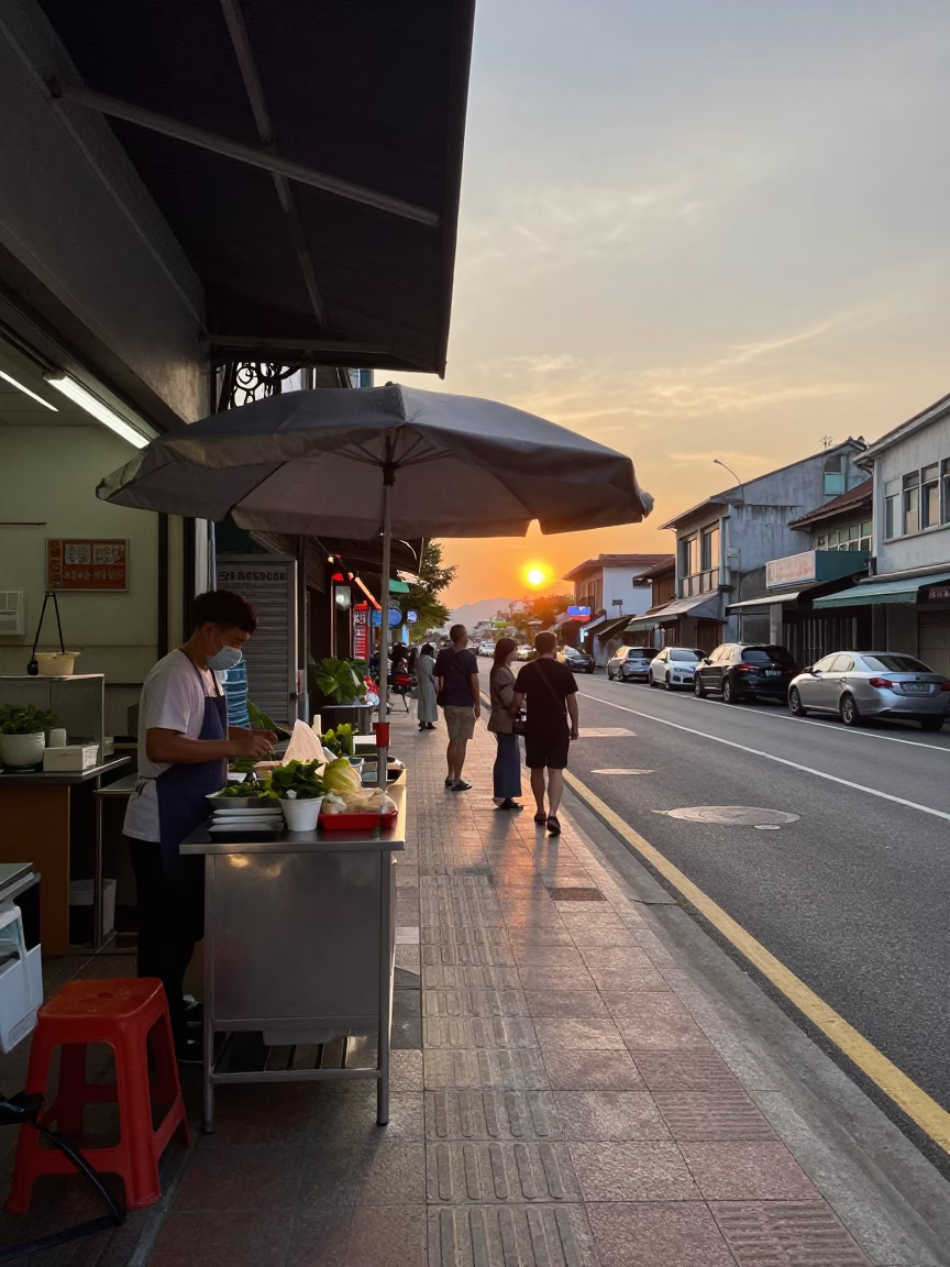 Kaohsiung Street Scene at Dusk with Umbrella Stand and Local Life in in Kaohsiung, Taiwan