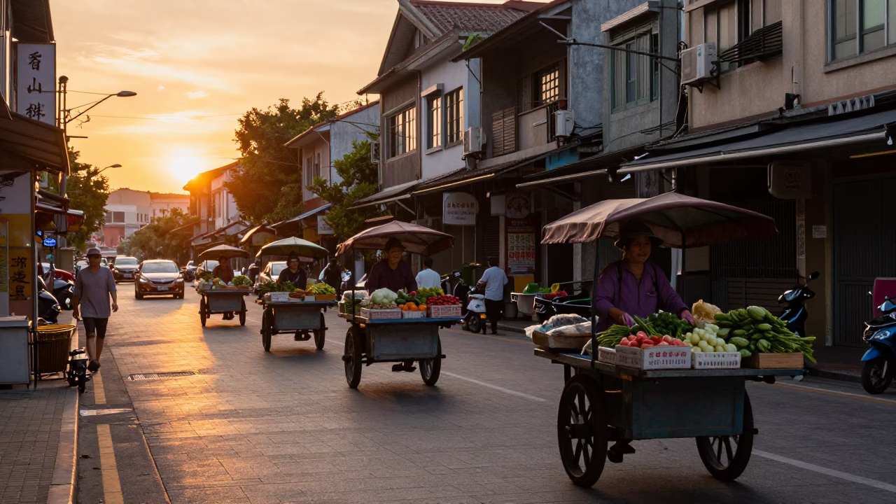Kaohsiung Street Scene at Sunset with Rolling Carts and Purple Jacaranda Blooms in in Kaohsiung, Taiwan