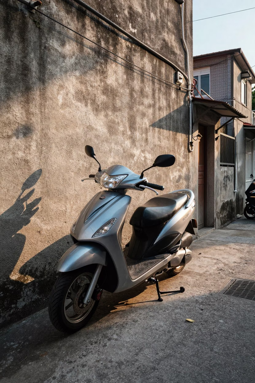 Kaohsiung street scene late afternoon light with motorcycle and local life in in Kaohsiung, Taiwan