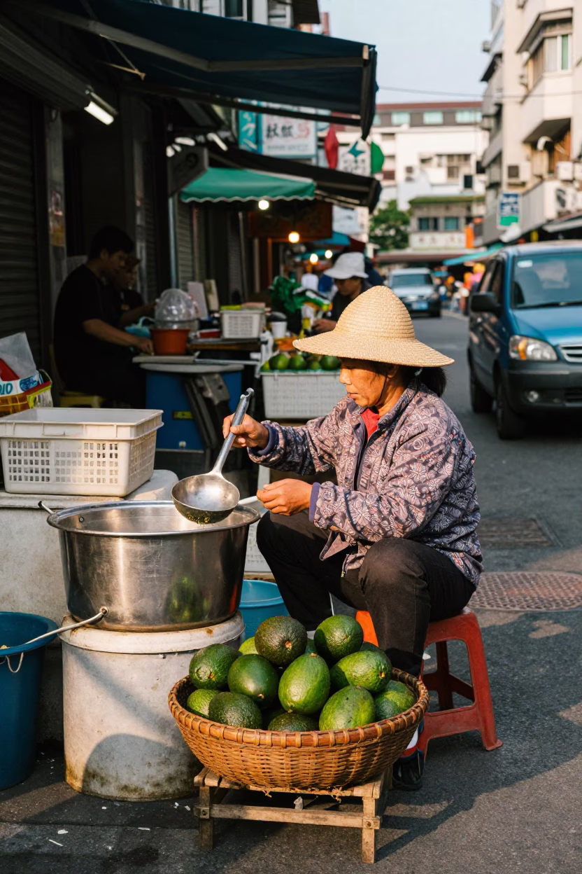 Kaohsiung Street Scene Late Morning with Avocados and Ladle at Local Market in in Kaohsiung, Taiwan