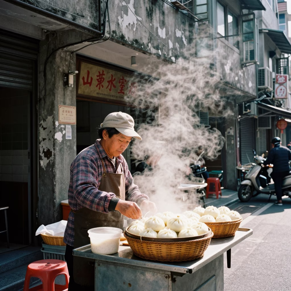 Kaohsiung Street Scene with Bread Basket and Steam in Bright Midmorning Light in in Kaohsiung, Taiwan