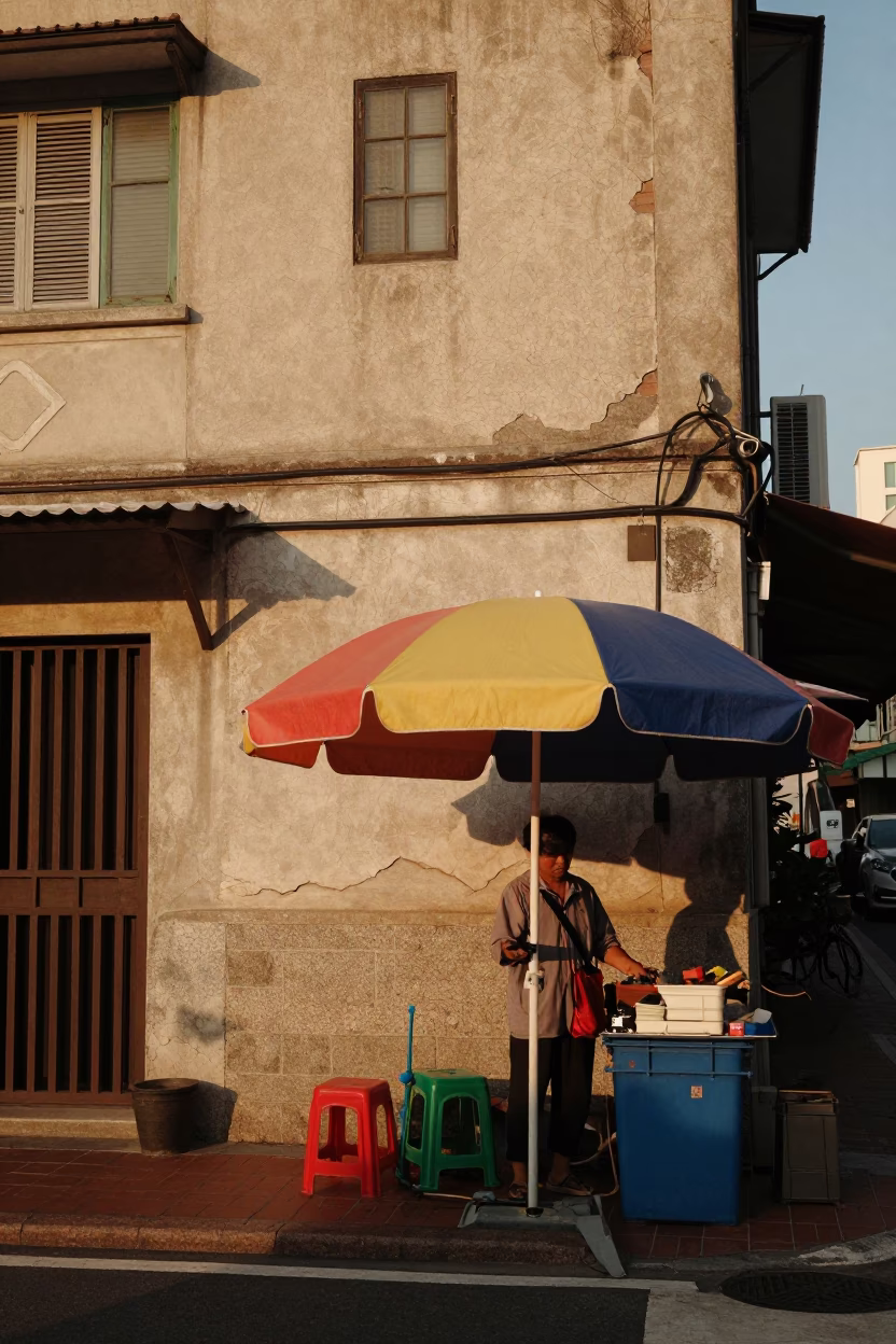 Kaohsiung Street Scene with Cracked Stucco and Umbrella Vendor in Evening Light in in Kaohsiung, Taiwan