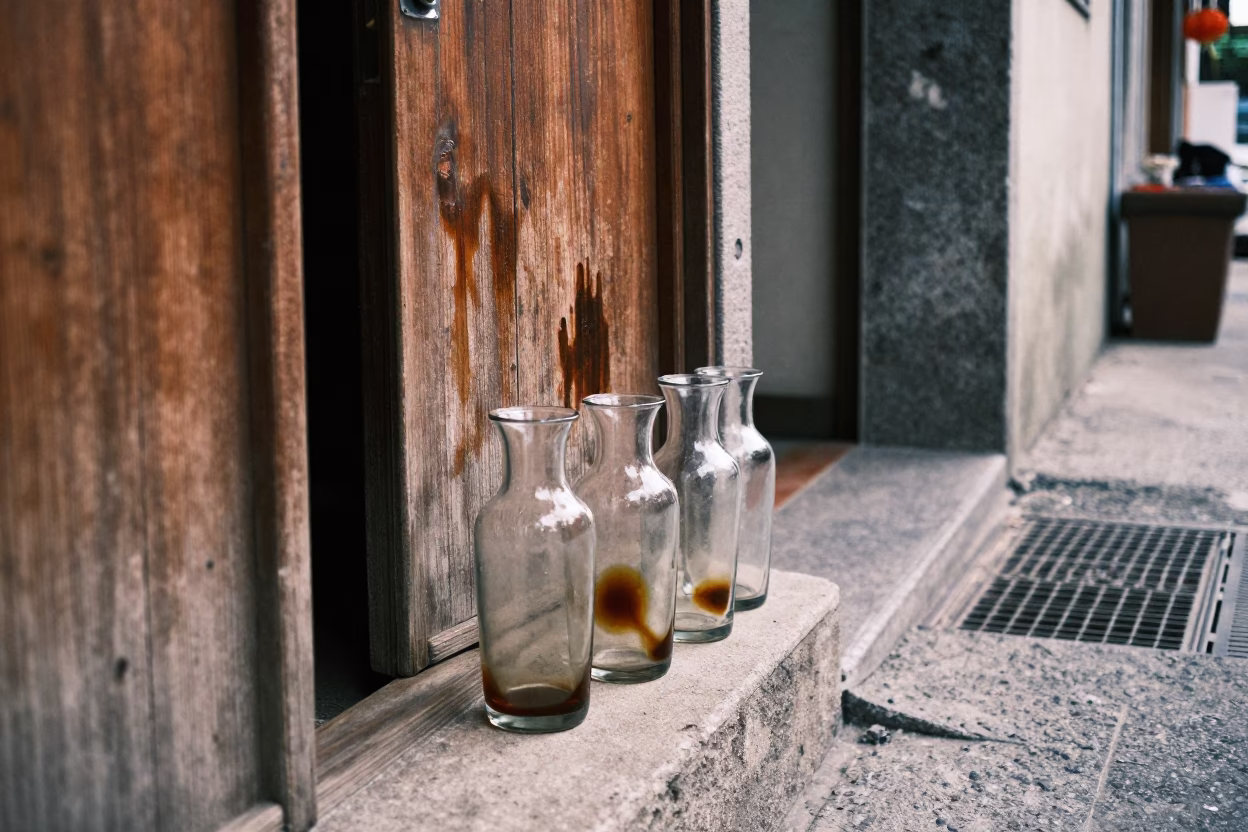 Kaohsiung street scene with glass vases and tea stains on doorframe in early afternoon in in Kaohsiung, Taiwan