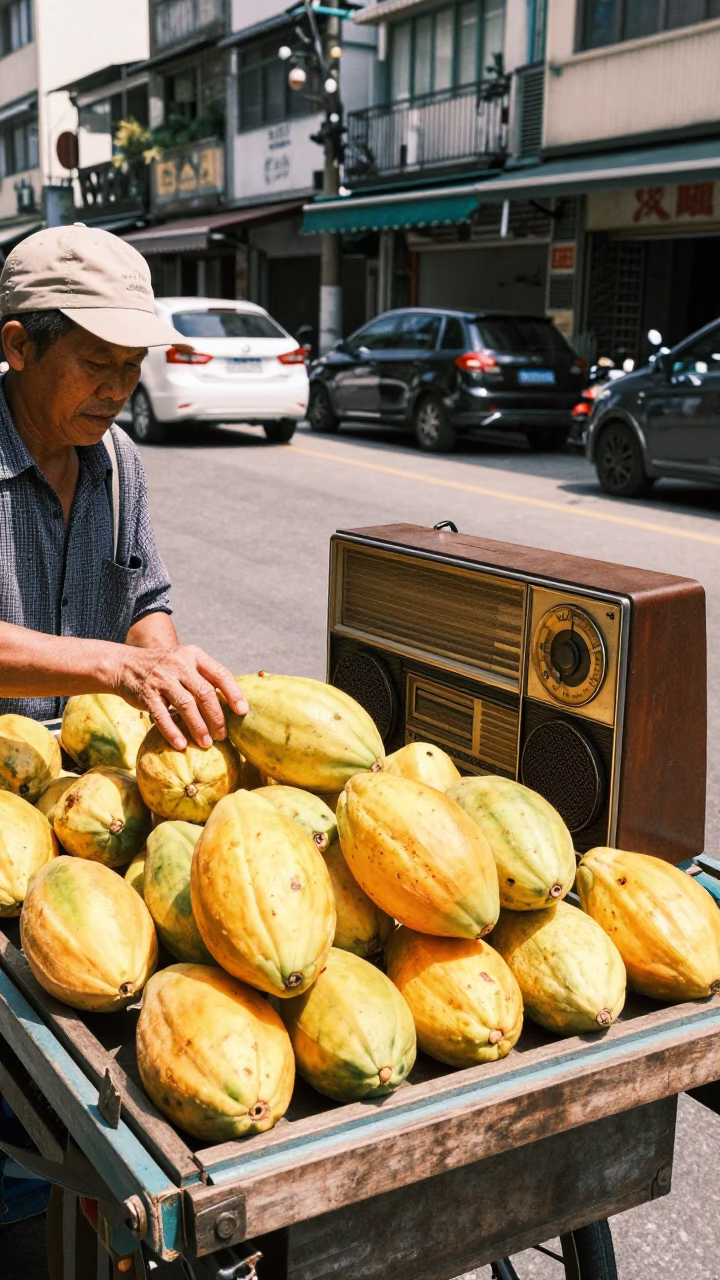 Kaohsiung Street Scene with Papayas and Vintage Radio in Bright Midmorning Light in in Kaohsiung, Taiwan