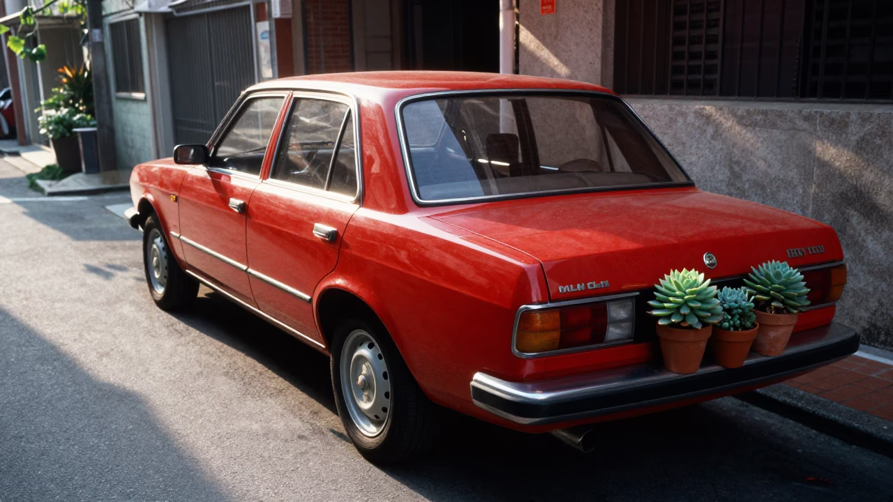 Kaohsiung Street Scene with Vintage Car and Succulents Just After Sunrise in in Kaohsiung, Taiwan