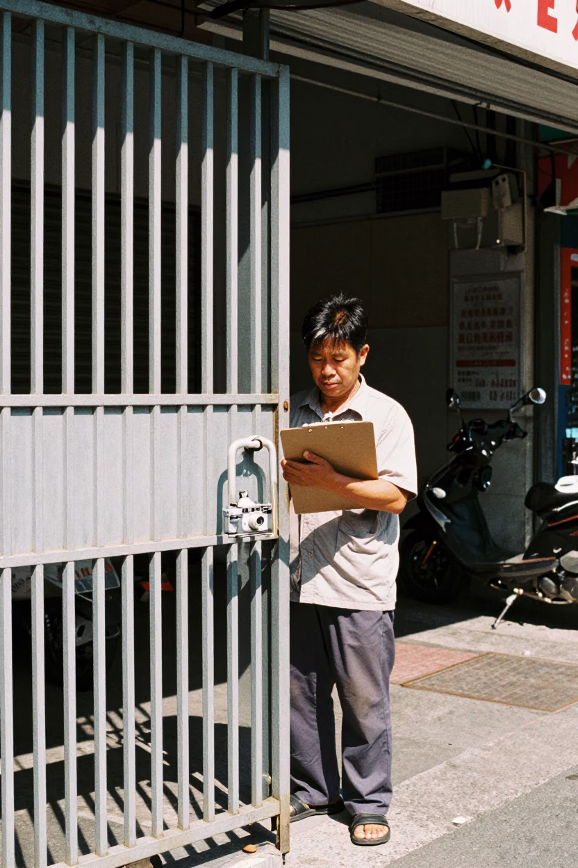 Kaohsiung street vendor clipboard and gate handle under flat noon glare in in Kaohsiung, Taiwan