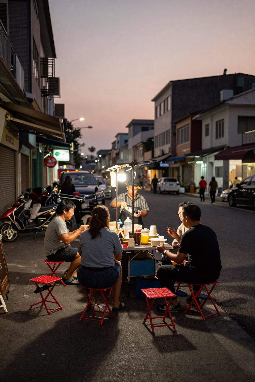 Kaohsiung Street Vendor Dusk Light with Folding Stools and Vietnamese Coffee in in Kaohsiung, Taiwan