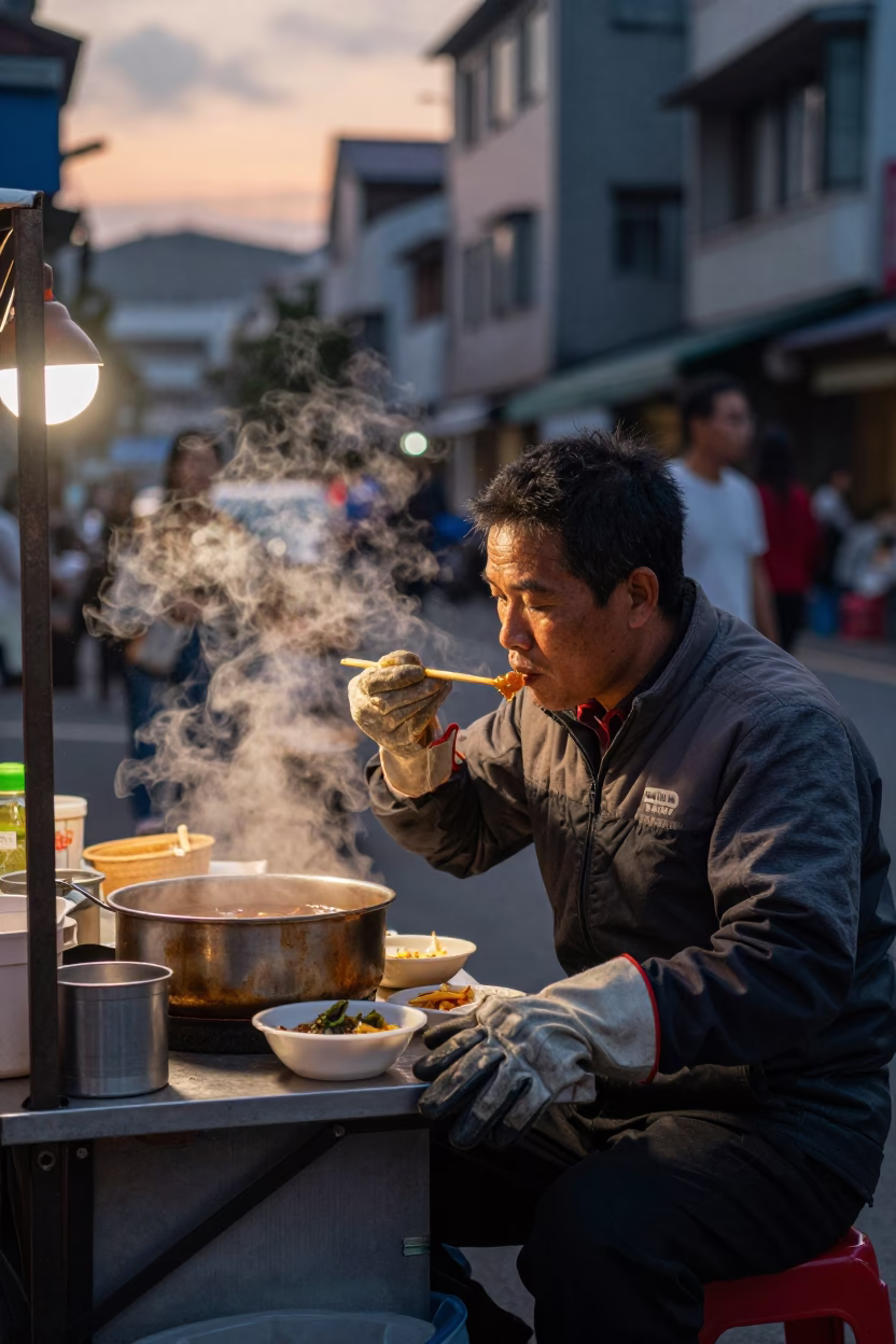 Kaohsiung Street Vendor Evening Meal with Work Gloves and Condensation in in Kaohsiung, Taiwan
