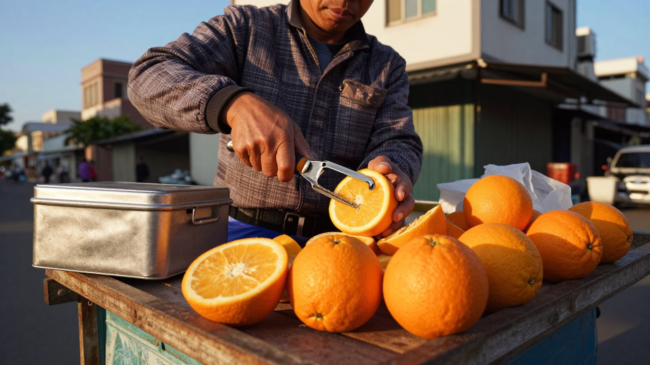 Kaohsiung street vendor golden hour peeling fruit with tiffin tin in in Kaohsiung, Taiwan