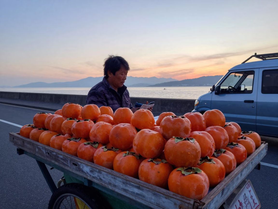 Kaohsiung Street Vendor Morning Persimmons and Chaat Before Sunrise in in Kaohsiung, Taiwan