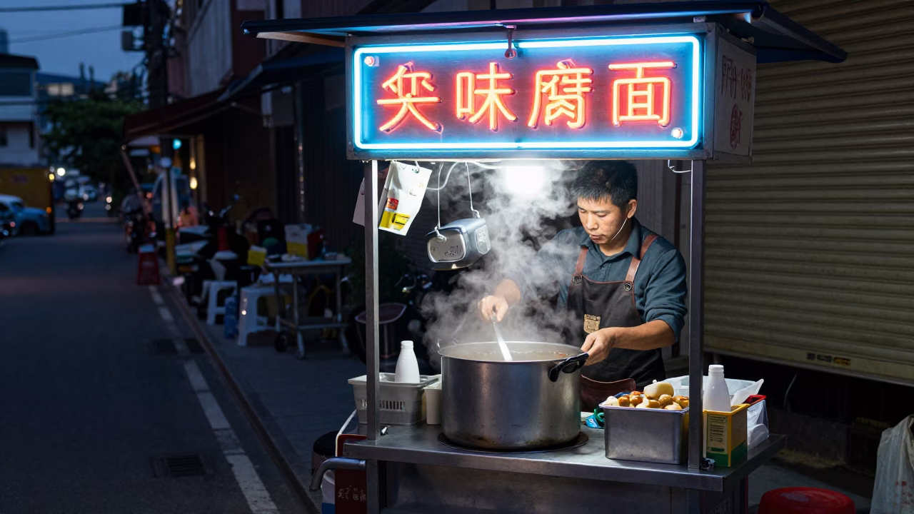 Kaohsiung street vendor preparing breakfast under neon lights in predawn darkness Taiwan in in Kaohsiung, Taiwan