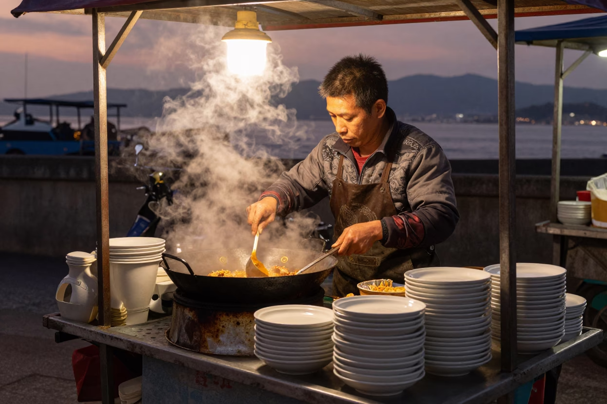 Kaohsiung street vendor preparing food under copper dusk light in in Kaohsiung, Taiwan