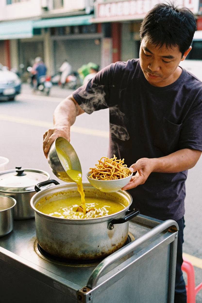 Kaohsiung street vendor preparing khao soi with crispy noodles in early morning light in in Kaohsiung, Taiwan