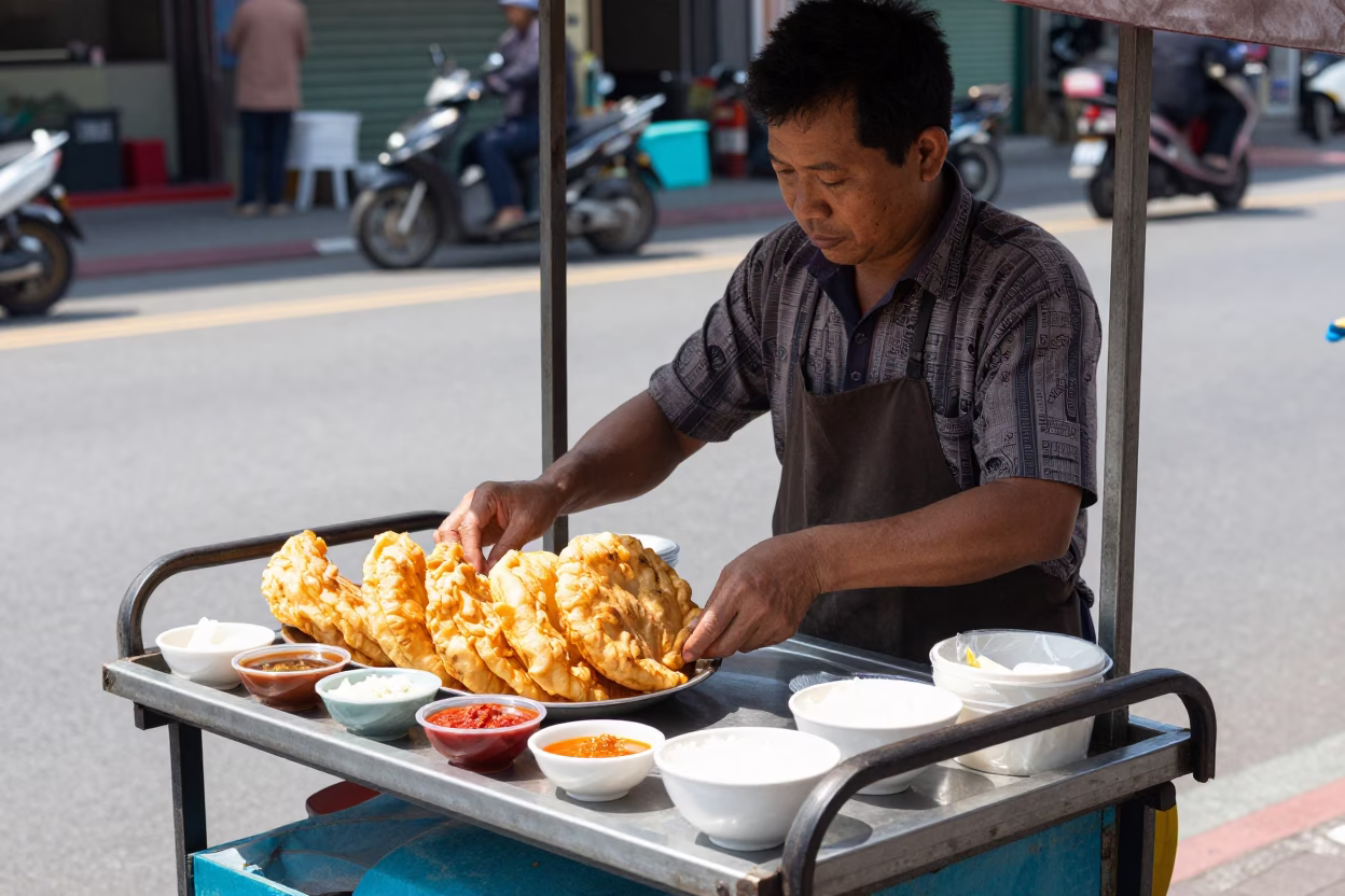 Kaohsiung street vendor selling aloo tikki with chutneys under noon glare in in Kaohsiung, Taiwan