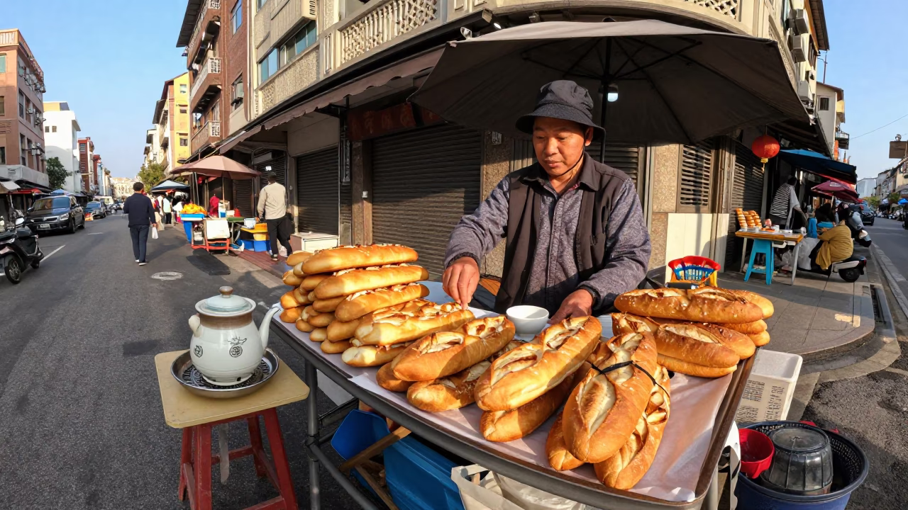 Kaohsiung Street Vendor Selling Baguettes and Tea in Late Afternoon Light in in Kaohsiung, Taiwan