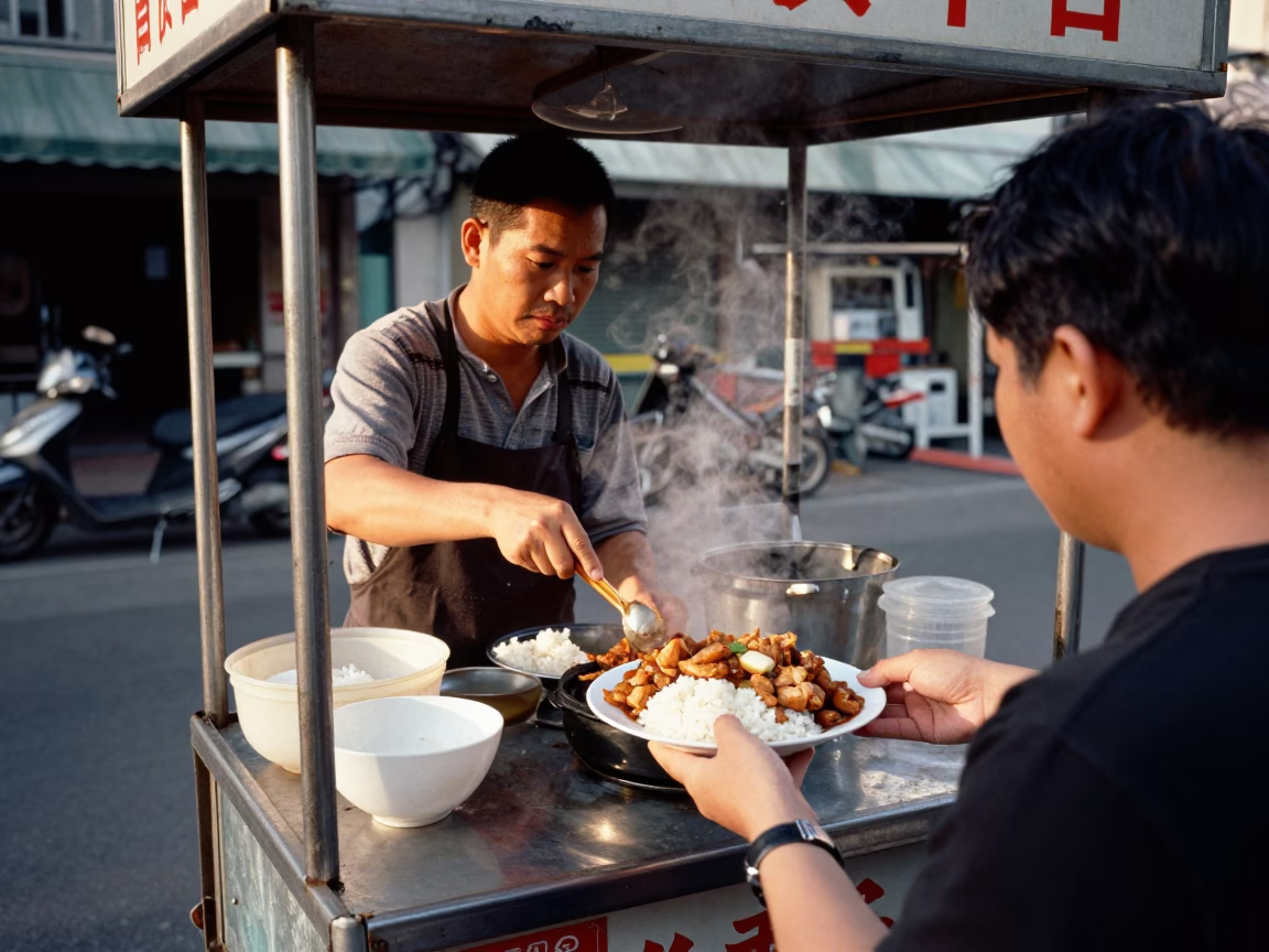 Kaohsiung Street Vendor Selling Chicken Adobo with Rice in Late Afternoon Light in in Kaohsiung, Taiwan