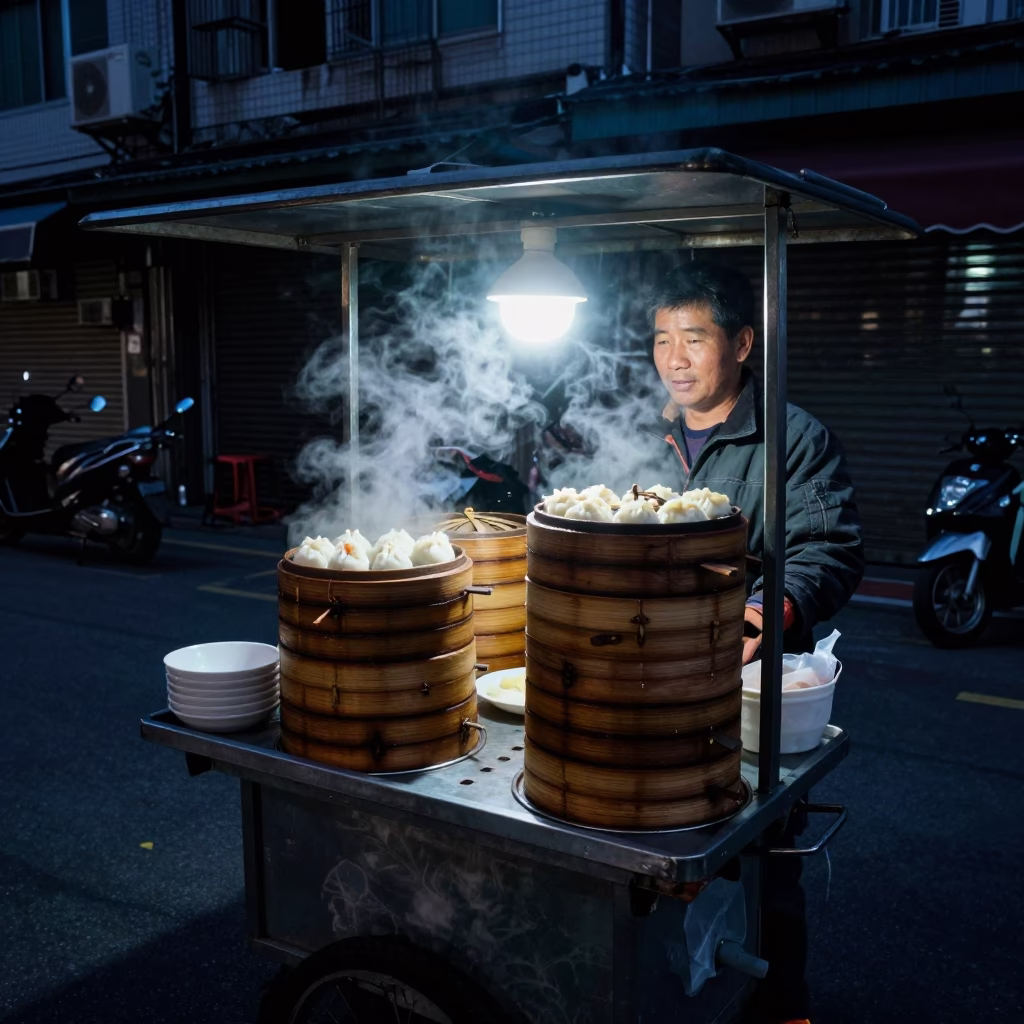 Kaohsiung street vendor selling dim sum in bamboo steamers under predawn darkness in in Kaohsiung, Taiwan