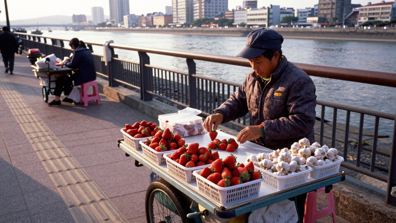 Kaohsiung street vendor selling fresh strawberries and garlic after sunrise in in Kaohsiung, Taiwan