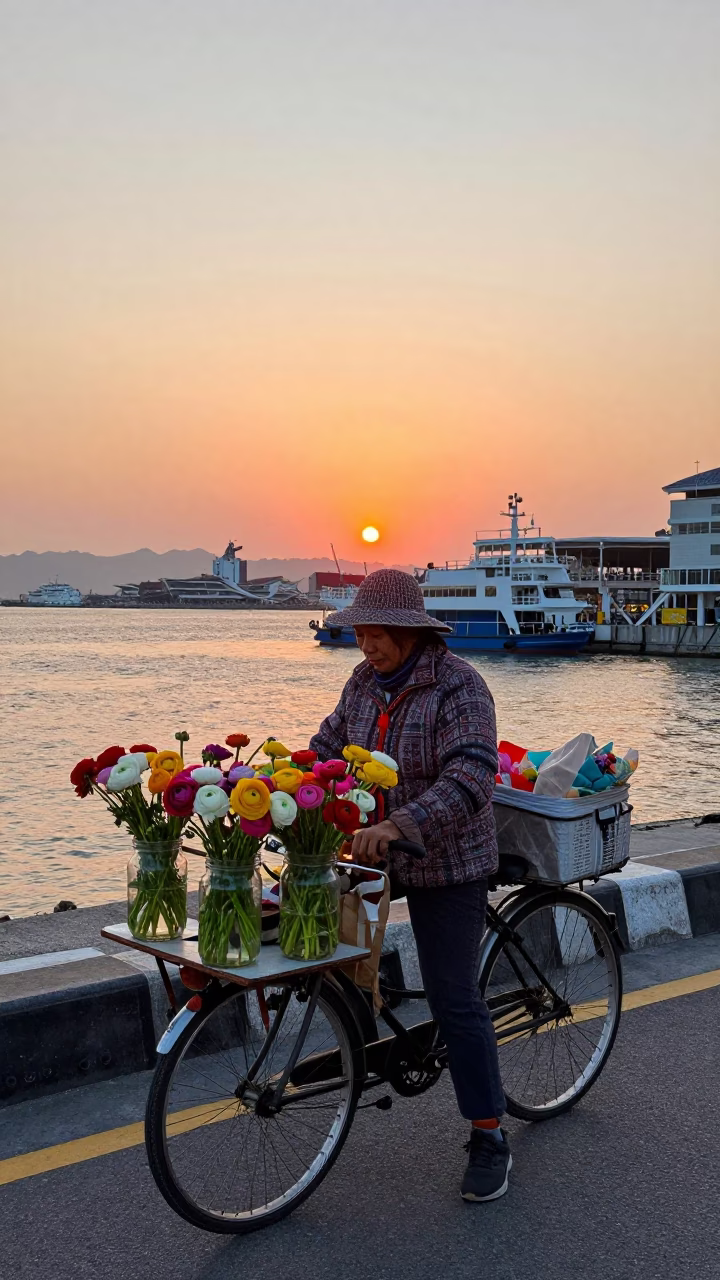 Kaohsiung street vendor selling ranunculus bouquets near harbor as sun sets in in Kaohsiung, Taiwan