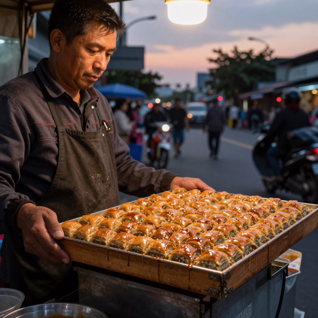Kaohsiung street vendor selling Turkish baklava in copper-toned dusk light in in Kaohsiung, Taiwan