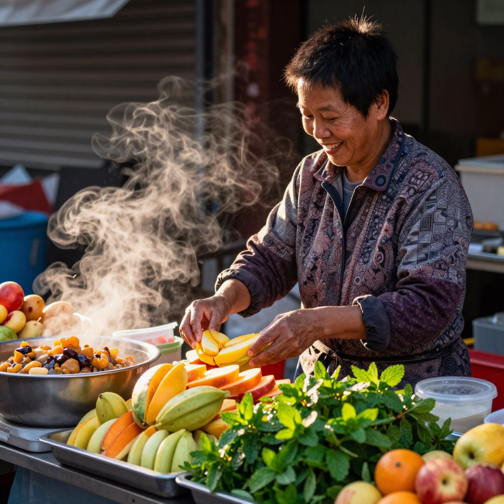 Kaohsiung Street Vendor Serving Fresh Fruit and Mint in Golden Evening Light in in Kaohsiung, Taiwan