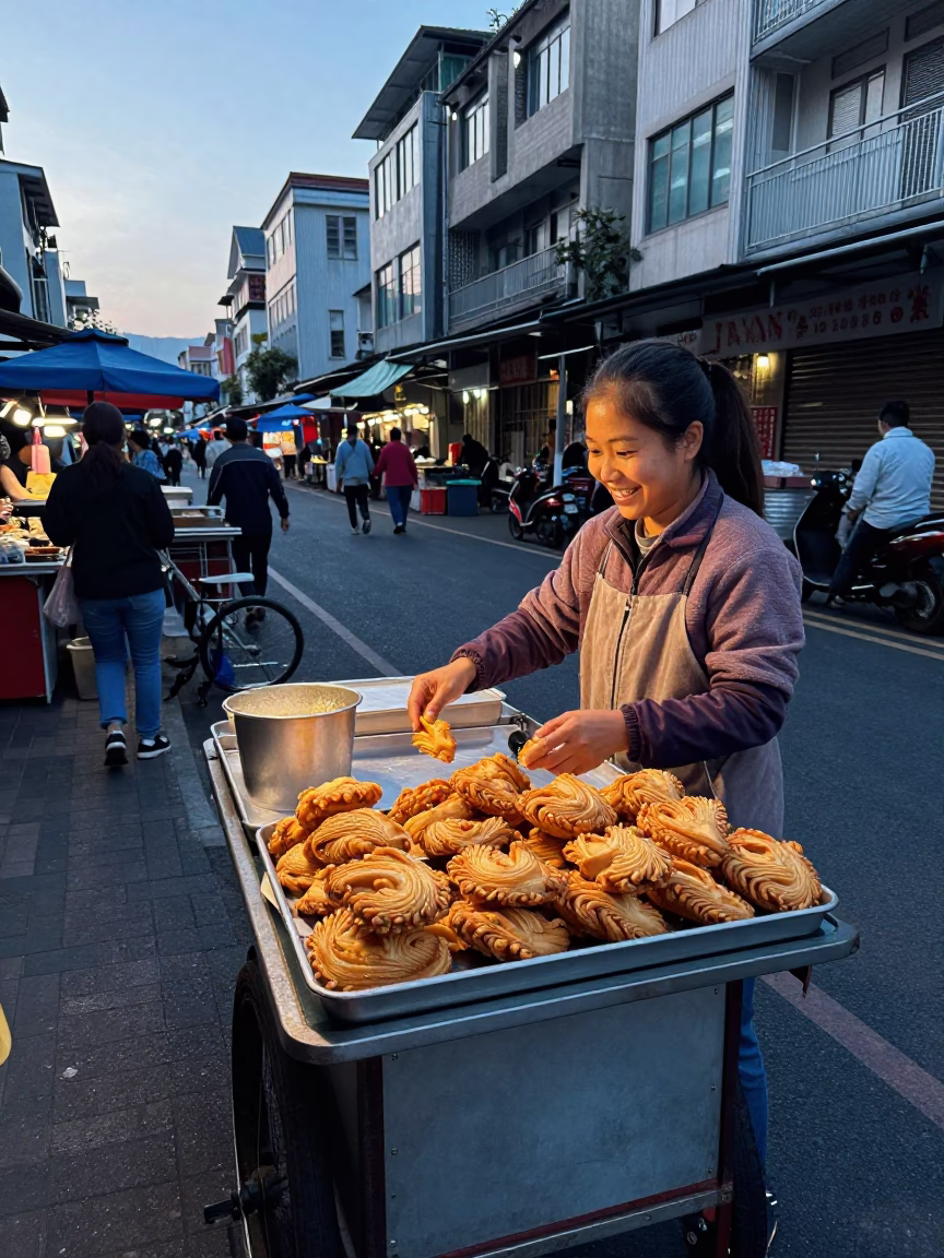 Kaohsiung street vendor serving golden crispy palmiers to smiling customers before sunrise in in Kaohsiung, Taiwan