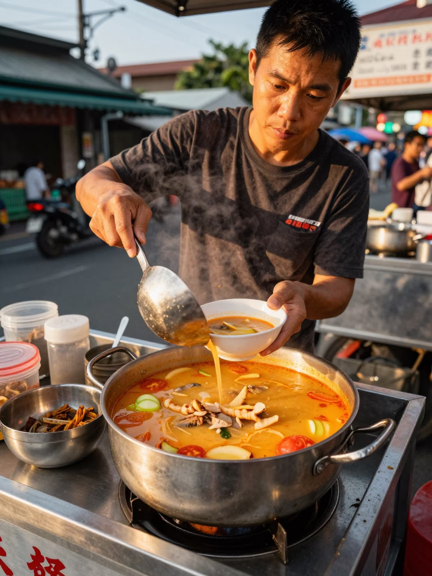 Kaohsiung street vendor serving hot tom kha gai soup in evening light in in Kaohsiung, Taiwan