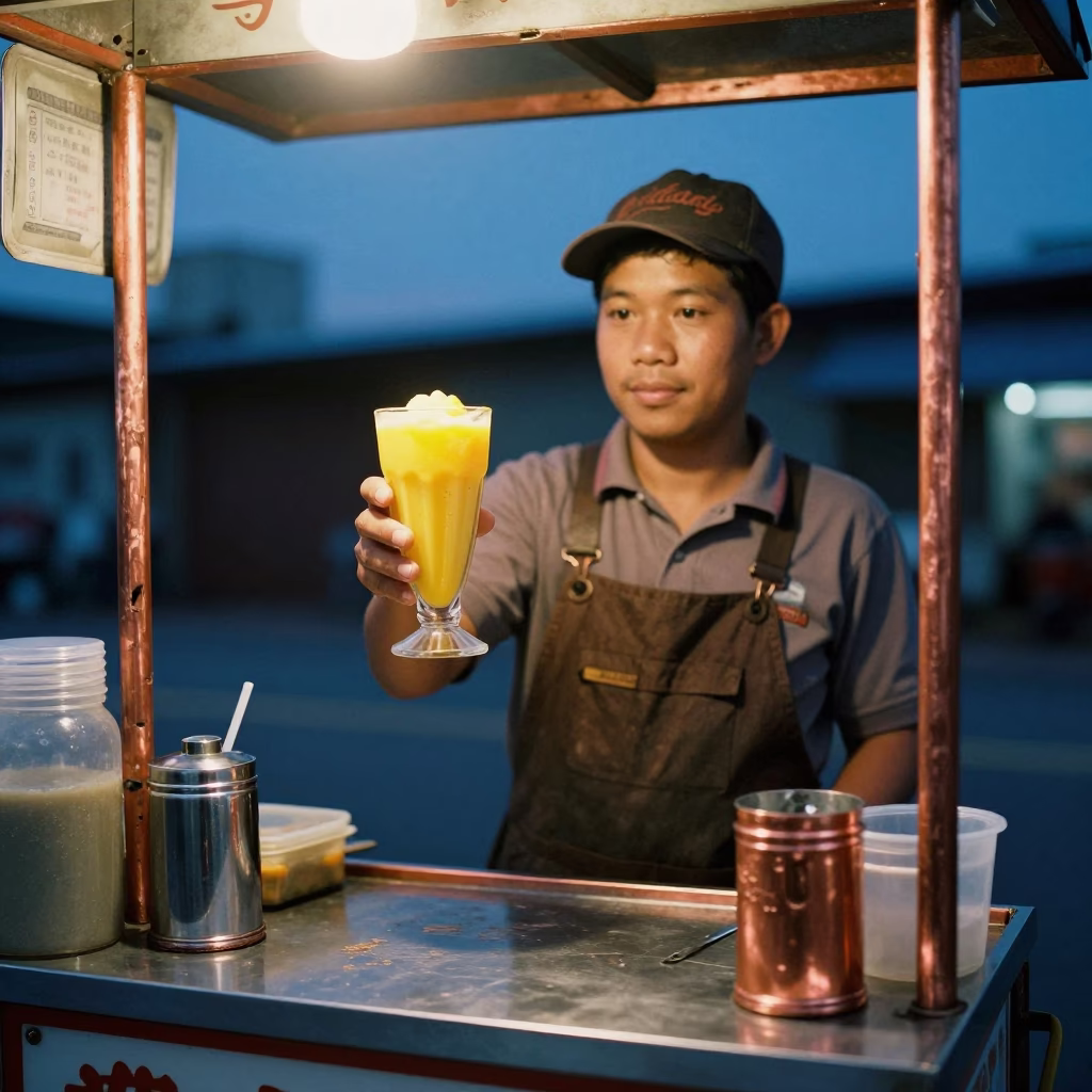 Kaohsiung Street Vendor Serving Mango Lassi in Copper Dusk Light with City Skyline in in Kaohsiung, Taiwan