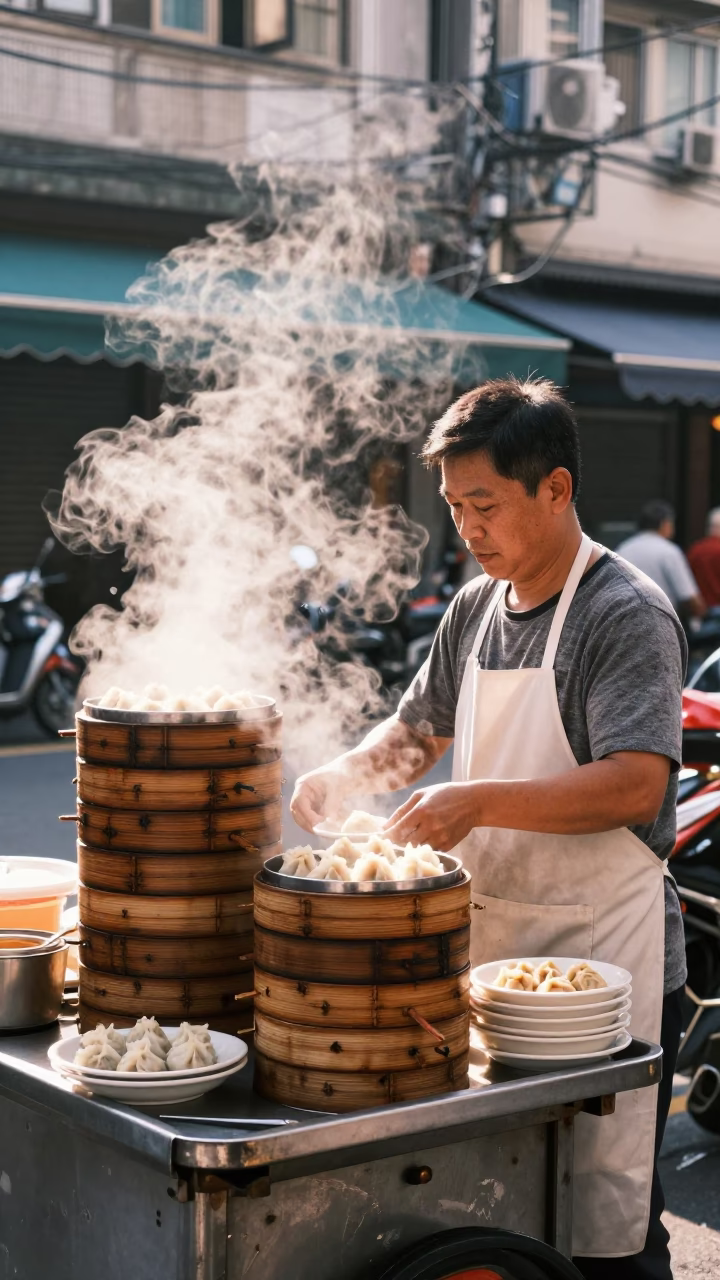 Kaohsiung street vendor serving steaming dim sum in late morning light in in Kaohsiung, Taiwan
