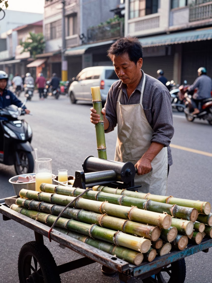Kaohsiung street vendor serving sugarcane juice to early morning commuters in in Kaohsiung, Taiwan