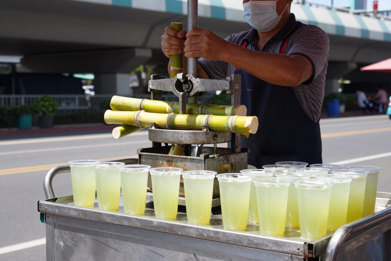 Kaohsiung street vendor serving sugarcane juice under striped flyover shadows in bright midmorning light in in Kaohsiung, Taiwan