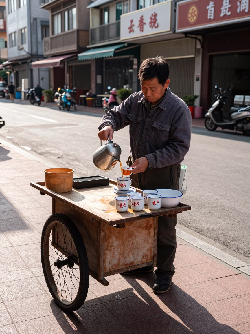 Kaohsiung street vendor serving tea with enamel pitcher and cutlery in late morning light in in Kaohsiung, Taiwan