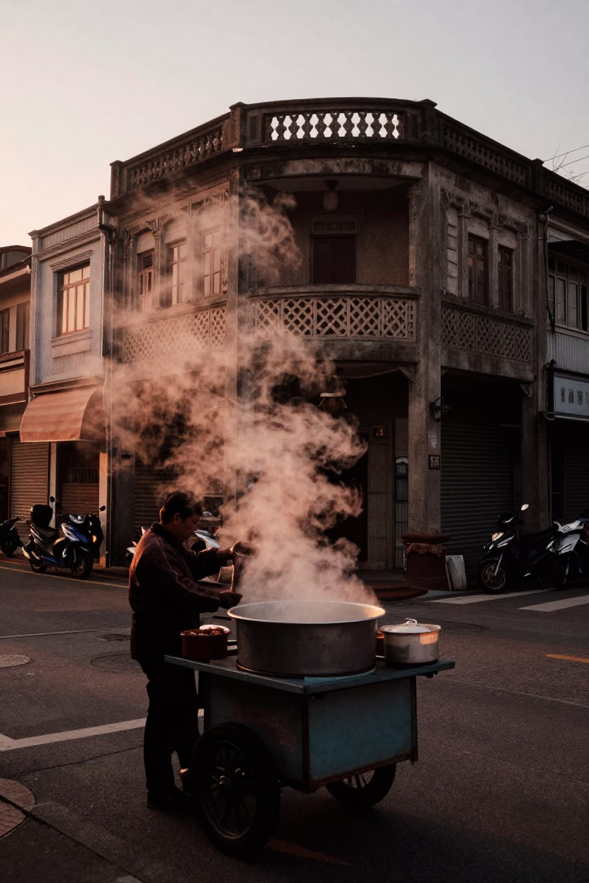 Kaohsiung Street Vendor Steam Haze Copper Light Before Dusk Realistic Scene in in Kaohsiung, Taiwan