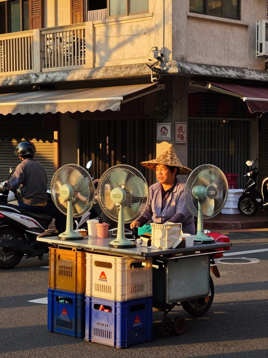 Kaohsiung street vendor sunset with vintage fans and woven baskets in in Kaohsiung, Taiwan